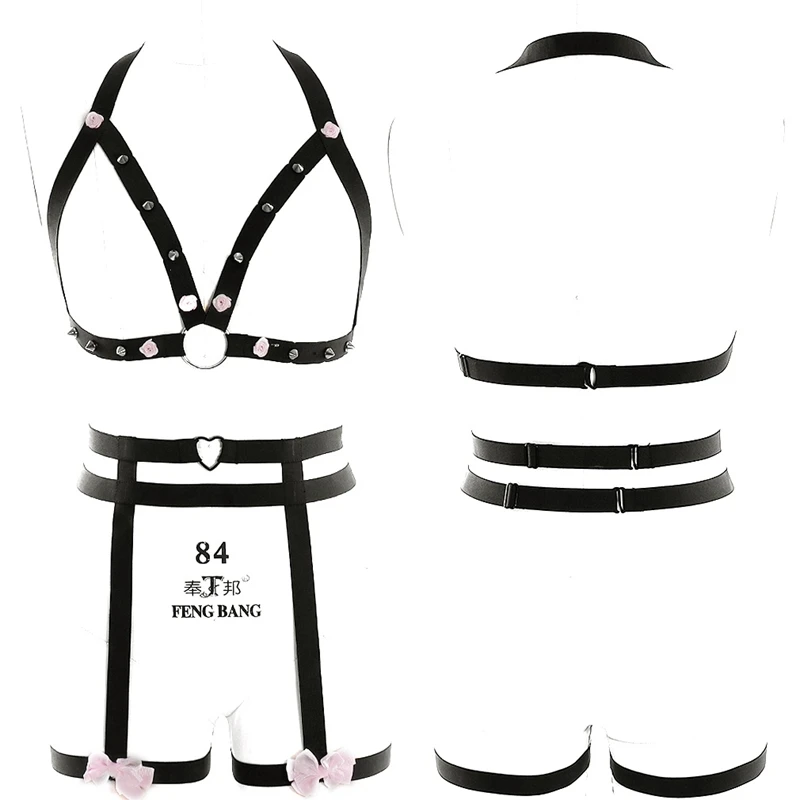 Black O0062 P0049 Body Harness Women Set Belt Garter Black Red Sexy Suit Bondage Cage Bra for Women Elastic Goth Festival Rave Dance Cosplay Wear - Цвет: Black O0062 P0049