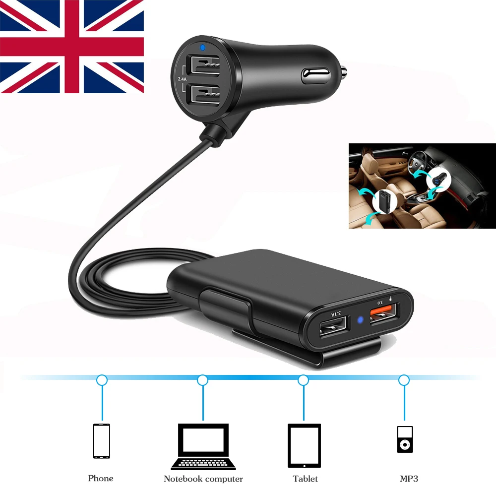 Powstro Fast Car Charge 3.0+2.4A+3.1A 4 USB Parts with 5.6ft Extension Cord Cable Mobile Charger Adapter for Back Seat Charge