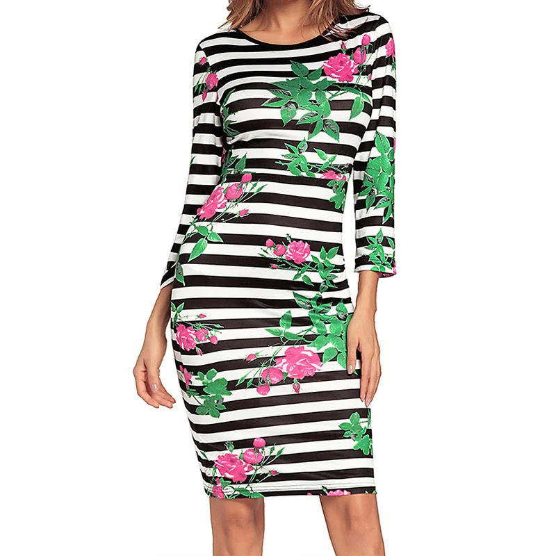 Для женщин Полосатый карандаш сексуальное платье с открытой спиной цветочным