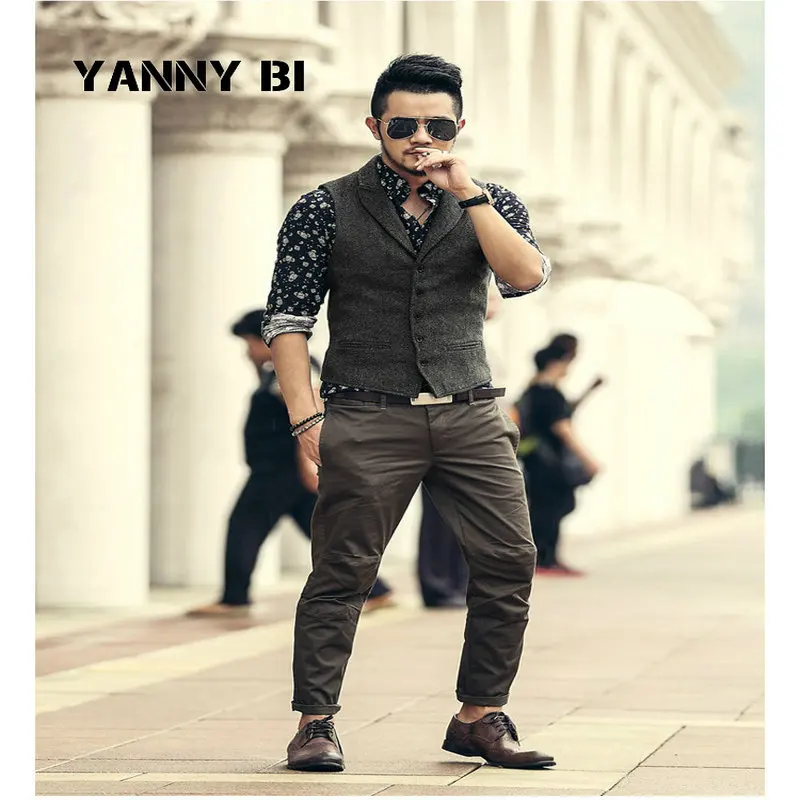

men casual sleeveless jacket coat mens formal waistcoats dress suit vest slim Three button Woolen vest British autumn suit vest