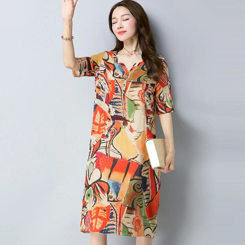 Летнее новое платье из хлопка и льна женское свободное с принтом коротким