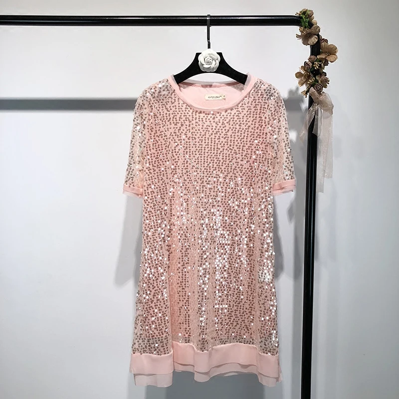 Boho Лето Женщины платье моды шить с короткими рукавами и круглым вырезом блестками розовый пляжная одежда Femme