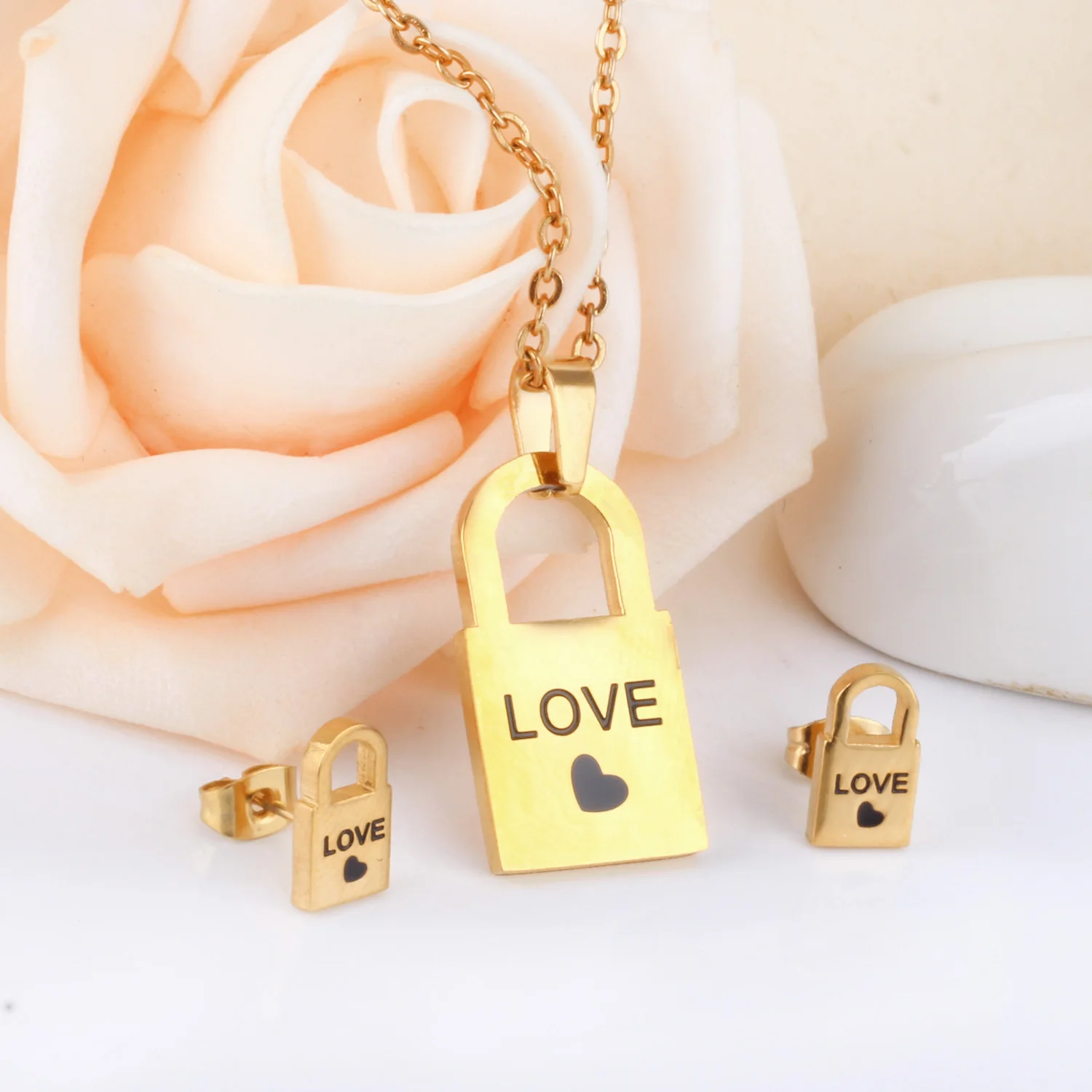 LUXUSTEEL bridal necklace set Stainless Steel Lock Pendant Necklace Earrings Brinco Party Gold Colro Collars Choker | Украшения и
