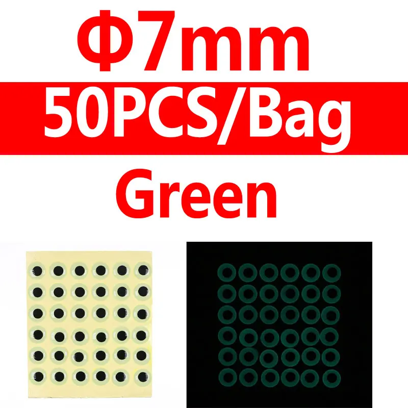 7mm green 50pcs Wifreo 50 шт./лот 3D светящиеся рыбьи глаза имитация мухобойка морские рыболовные Джиги ночная рыбалка приманка аксессуары оранжевый зеленый - Цвет: 7mm green 50pcs