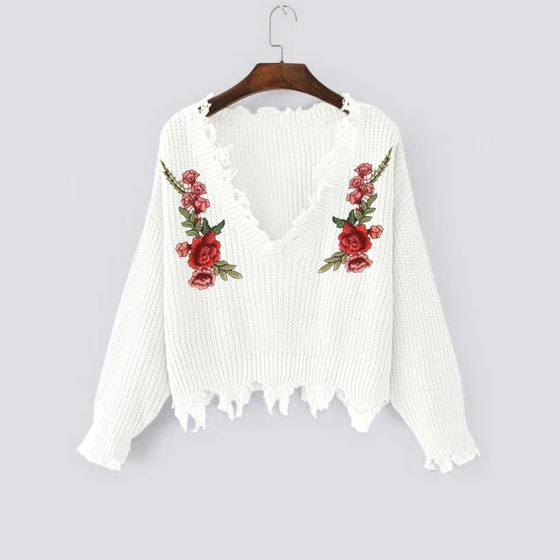 AECU Sweater Female Women's Embroidery Decal Loose Long Sleeve V-Neck Ripped Pullover Tassels Knitted Pull Femme Hiver | Женская