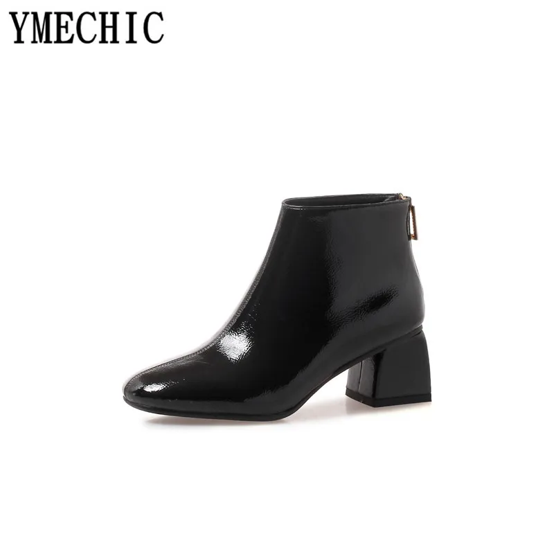 YMECHIC 2018 Модные осенние ботильоны из искусственной лакированной кожи на высоком