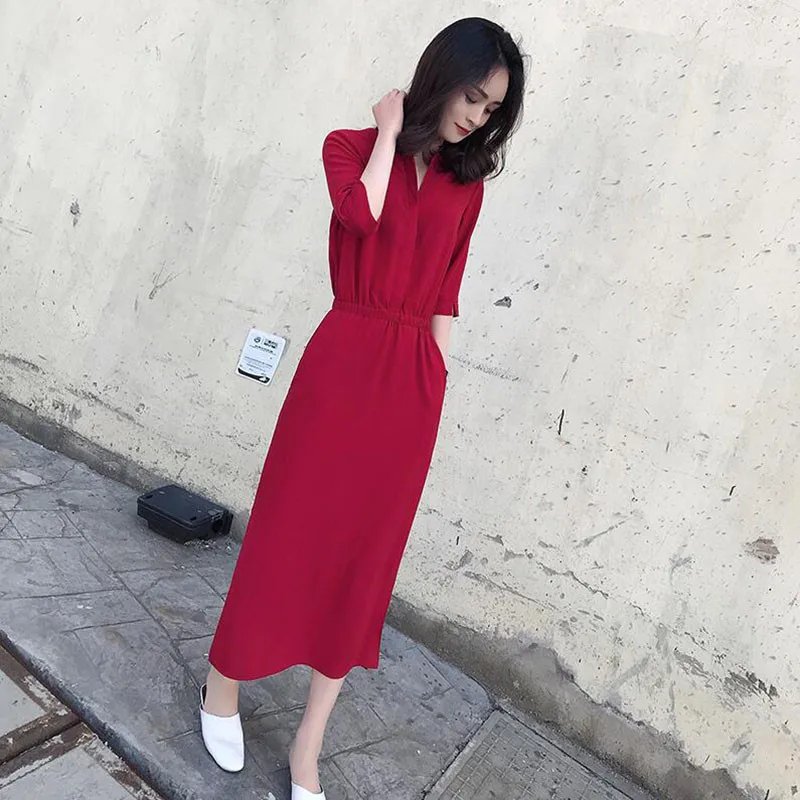 

Spring New Women's Korean Version Of The Blue Black Red Split Dress Long Fashion Temperament Waist Slim Dress Female A140