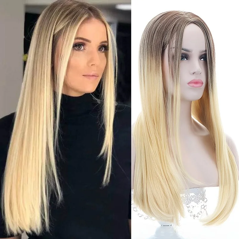 Blonde Brown Ombre 2" длинные коричневые светлые Омбре синтетические волосы парик для черных/белых женщин бесклеевой высокой плотности 150% 260 г температура косплей волос парик - Цвет: Blonde Brown Ombre