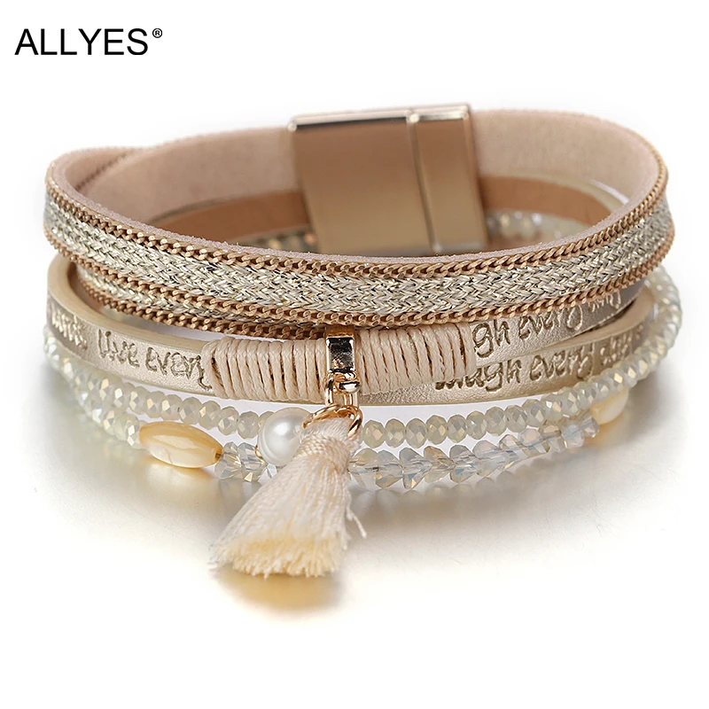 ALLYES Lette слова кожаные браслеты для женщин Мода Boho Кристалл бисер кисточка дамы многослойный наматывающийся браслет ювелирные изделия