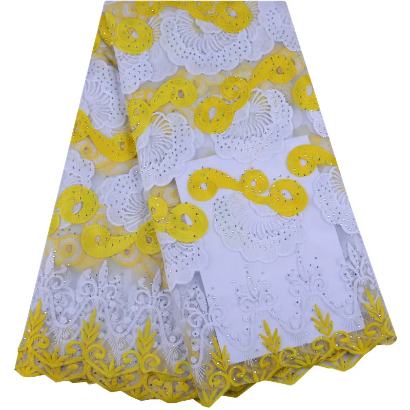 

Most Popular Yellow African Milk Silk Lace Fabric With Rhinestones 2019 Wholesale French Net Lace For Evening Party Dress S1484