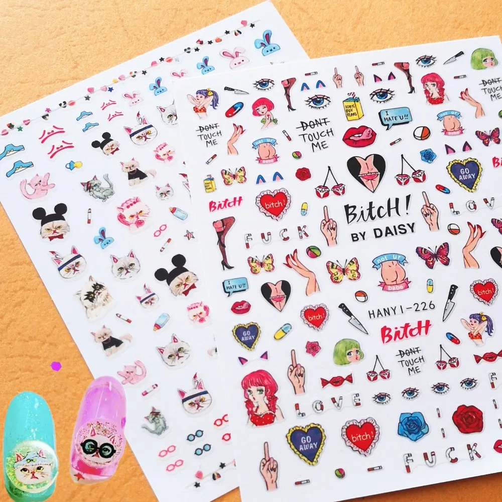 

Newest HANYI-224 226 3d nail sticker Japan Harajuku style nail decals back glue decoration tools for nail art wraps