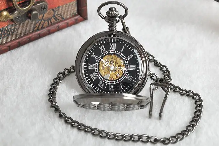 Featured Mesh Dice Embossed Mechanical Pocket Watch Retro Steampunk Manual Winding Clock Gift with Chain Men's Watch