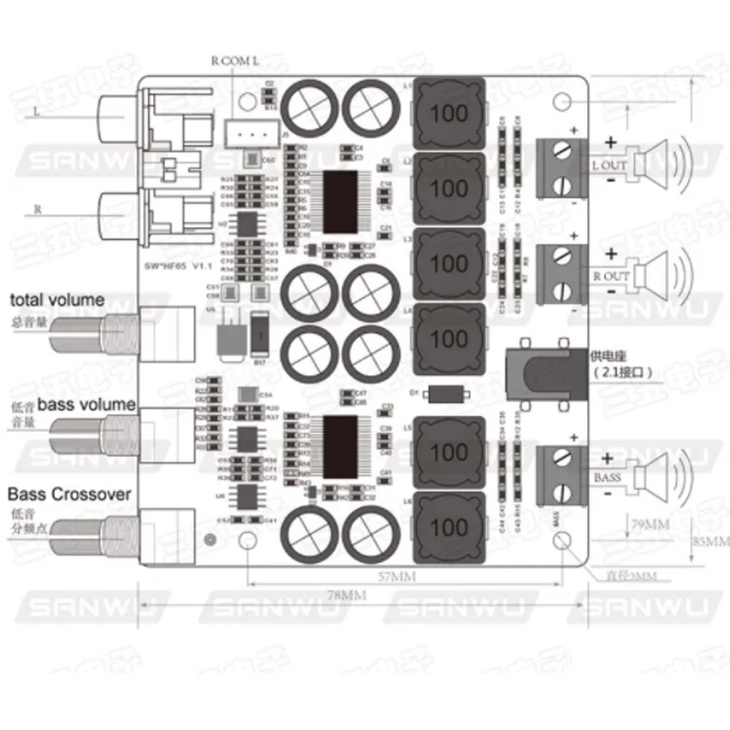 TPA3118 Power Amplifier Audio Board 2.1 Channel Digital amplificador audio AMP 2*30W+60W Output DIY F4-005