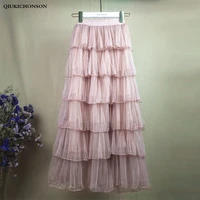 layered long tulle skirt women spring summer elastic high waist pleated mesh skirts cute ladies ruffle skirt jupe tulle femme
