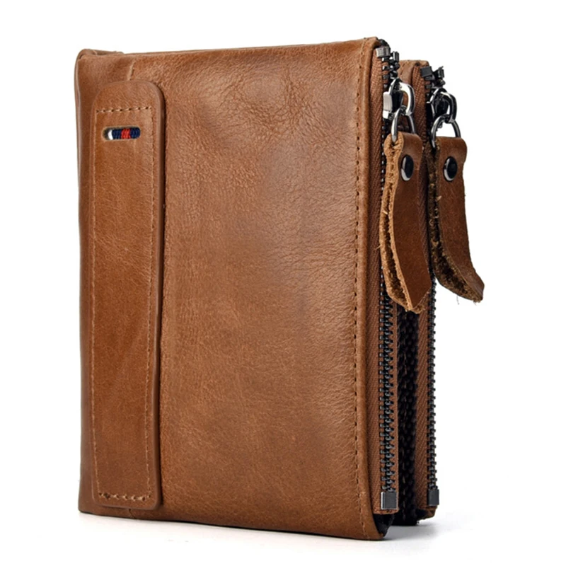 

Men Cowhide Double Zipper Clutch Wallet Cash Clip Coin Pocket Credit Card Holder Oil Wax Genuine Leather Small Purse Money Bag