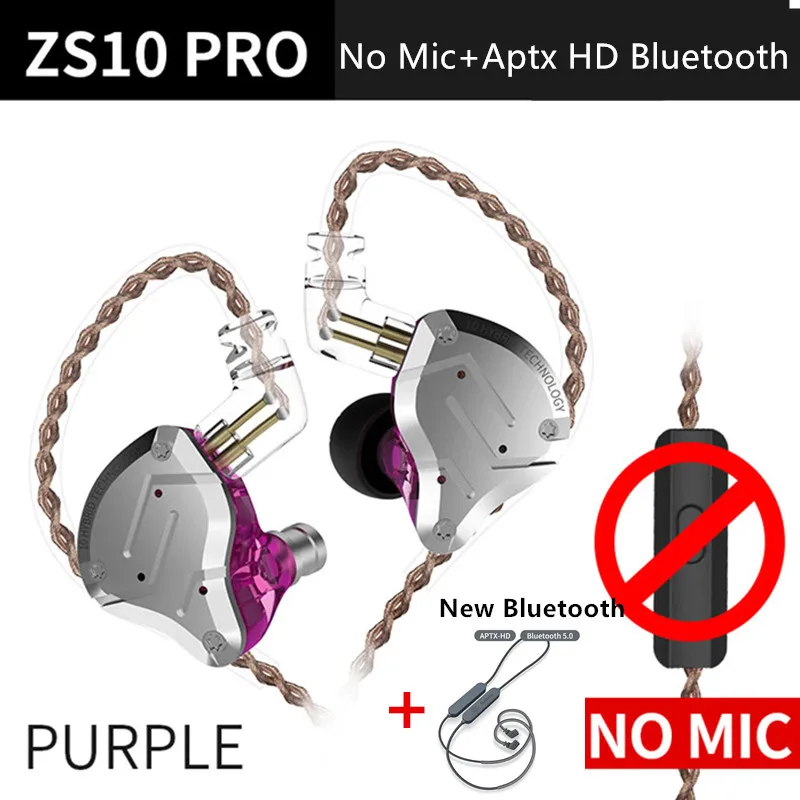 PurpleNoMicAPtxHDblu Плотным верхним ворсом KZ ZS10 Pro HDBluetooth вкладыши Наушники Гибридный 4BA+ 1DD HIFI Басс наушники металлические наушники спортивные Шум шумоподавлением гарнитура монитор - Цвет: PurpleNoMicAPtxHDblu
