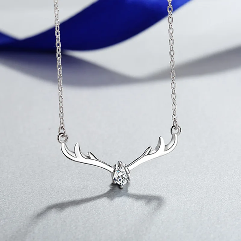 Zircon Elk Deer Horns Silver Color Necklace Pattern Trendy Cute Style Female Clavicle Chain Simple Accessory Christmas Gift Украшения и