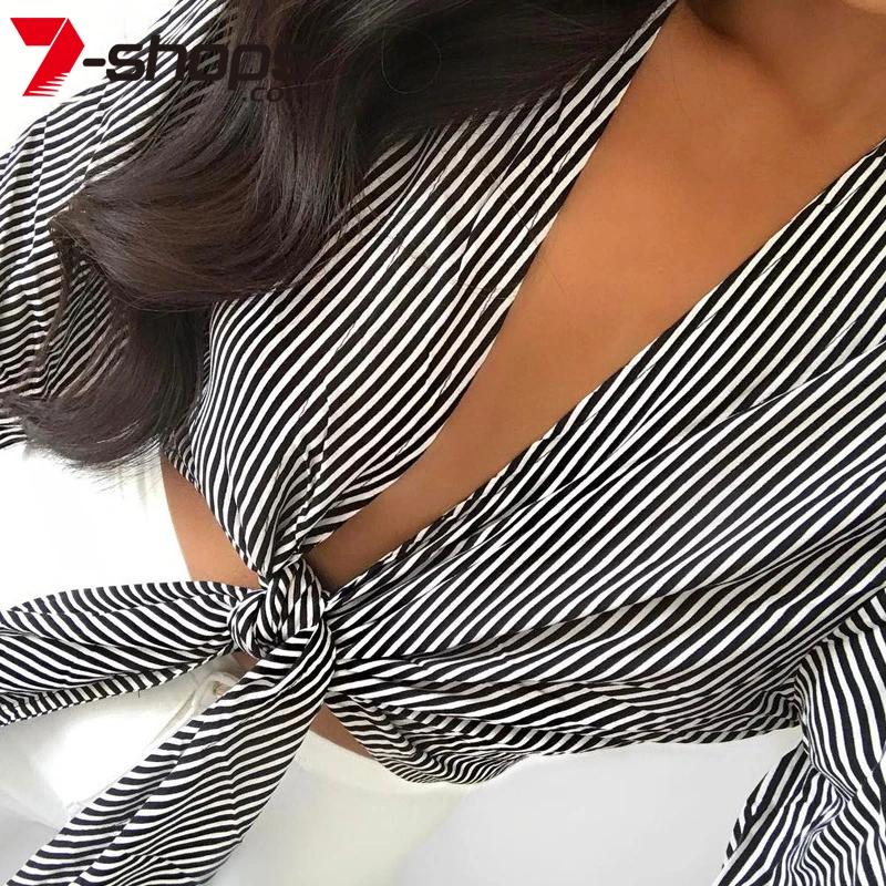 AECU Sexy Crop Top Women Stripe Flare Sleeve Shirts Deep V Neck Short Female Tops Vintage Girl Summer Tie Up Tees 2021 | Женская одежда
