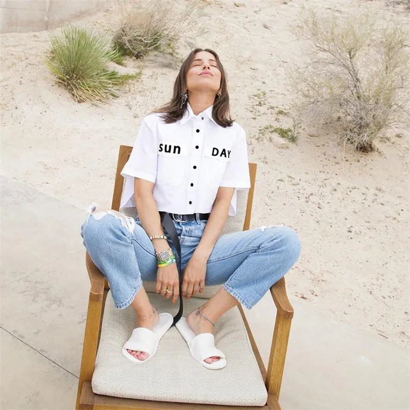 Streetwear Sunday Letter Printed Blouse Women Summer Chic Girl's Short Sleeve Buttons Pockets Shirts Party 2019 | Женская одежда
