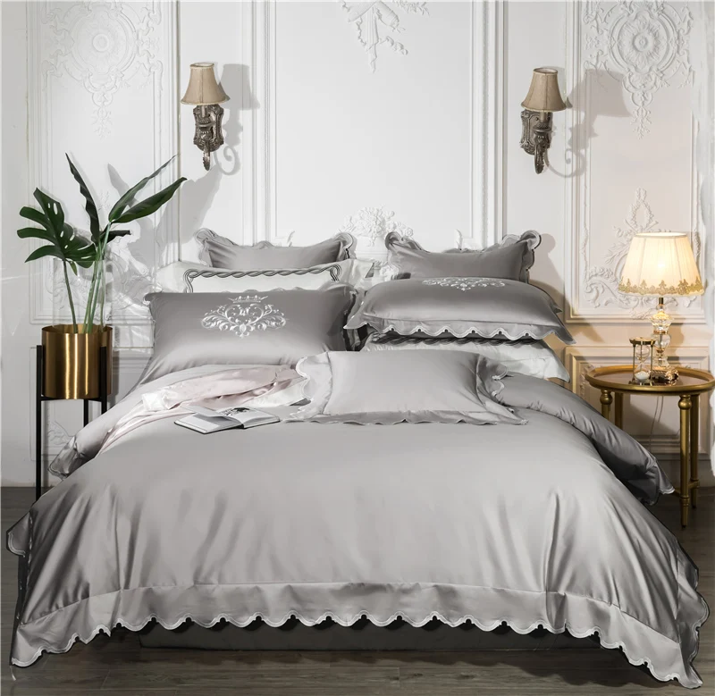 

Luxury 100S Egypt Cotton Solid Color Grey Bedding Set Embroidery Edge Duvet Cover Bed Sheet Pillowcases Queen King size 4/6/7Pcs