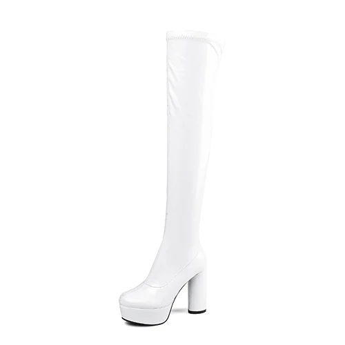 white shoes Gdgydh/ботфорты женские черные сапоги с круглым носком женские сапоги из натуральной лакированной кожи на высоком толстом каблуке Большие размеры - Цвет: white shoes