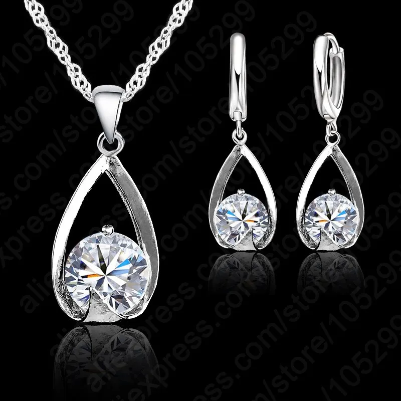 

Fast Shipping Wedding Clear Austrian Crystal Rhinestone Water Drop Necklace Earrings Set 925 Sterling Silver Jewelry Set