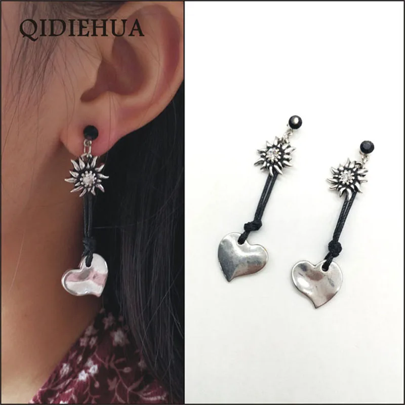 QIDIEHUA Мода Boho Edelweiss Висячие серьги для женщин ювелирные изделия Brinco тибетская гравировка Серебряное сердце, для влюбленных длинные свисающие серьги