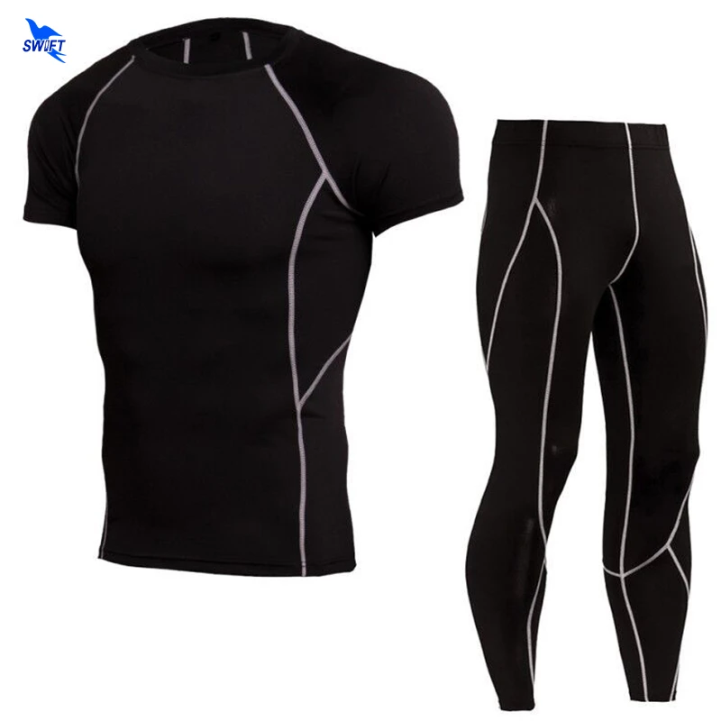 

2PCS/set Compression Quick Dry Stretch Tracksuit Men Training Fitness Short Sleeve Shirt Pants MMA Gym Running Set Sports Suit
