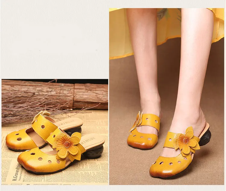 Xiuteng Hollow Sandals Flowers Pattern Genuine Leather Big Head Adjustable Daily Sandals Ladies Shoes Spring New Women Slippers