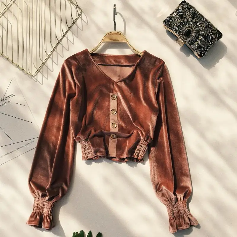 Женская винтажная бархатная блузка ALPHALMODA с длинными рукавами и V образным