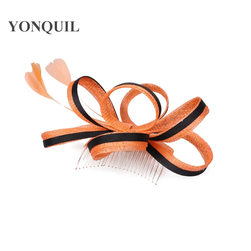 Фото Sinamay Feather Hair Fascinator, головной убор, зажим для коктейльной вечеринки, церковная шляпа, аксессуар SYF45, головной убор на день гонок №5