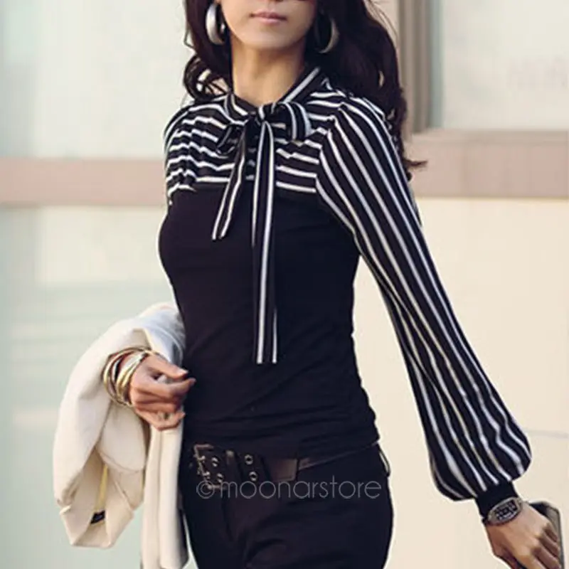Формальная элегантная Офисная женская черная белая полосатая футболка с бантом