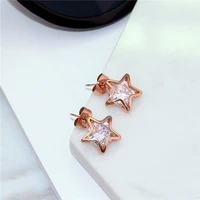 yun ruo 2020 rose gold color big zirconia cz star stud earrings for woman girl not allergy 316l stainless steel fashion jewelry