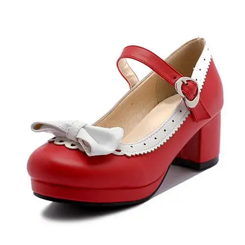A Red PXELENA/Большие размеры 34-43; женские туфли mary jane в стиле Лолиты на высоком каблуке с милым бантом и оборками; нарядные свадебные туфли; Свадебная обувь принцессы - Цвет: A Red