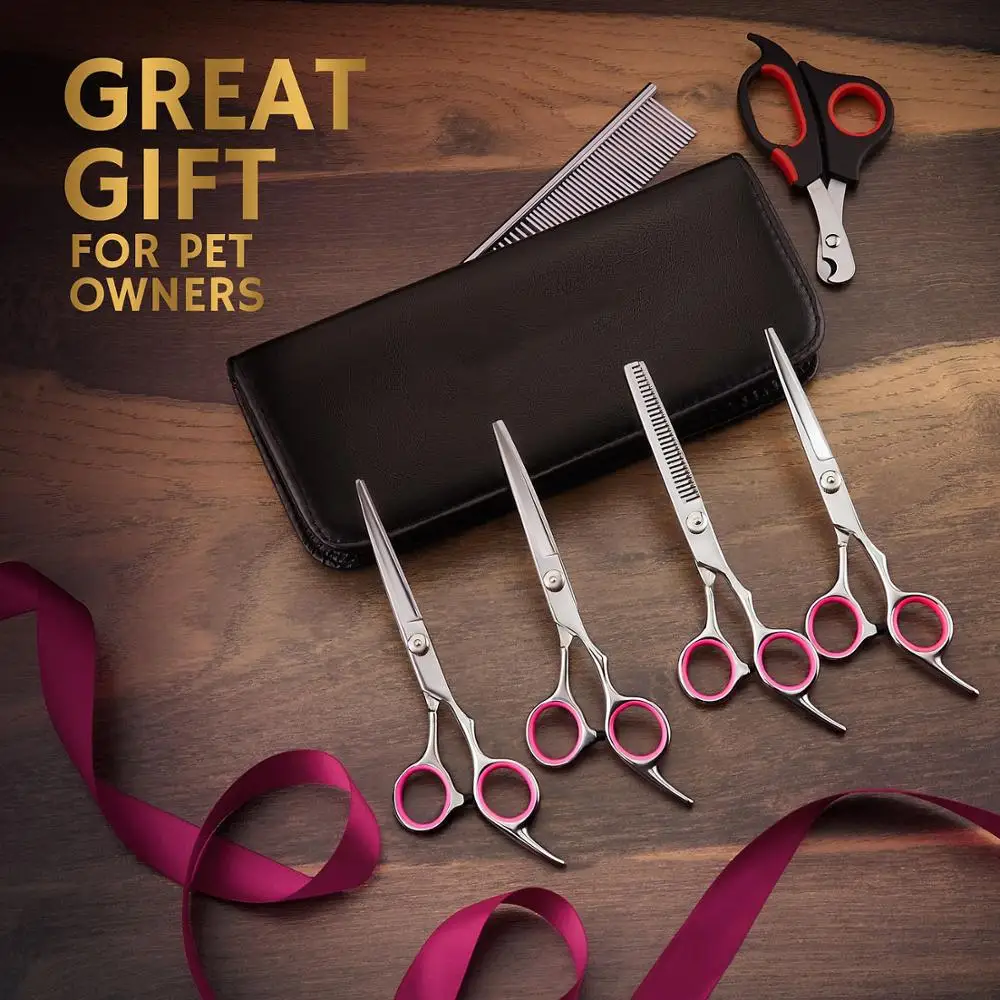 

4PCS/SET Pet Grooming Scissors Set Professional Dog Shears Hair Cutting Thinning Curved Scissors With Comb Bag Dropshipping