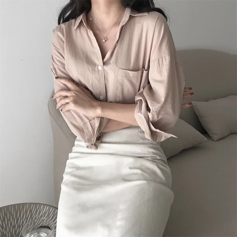 Женская рубашка с отложным воротником однобортная карманами|Рубашки| |