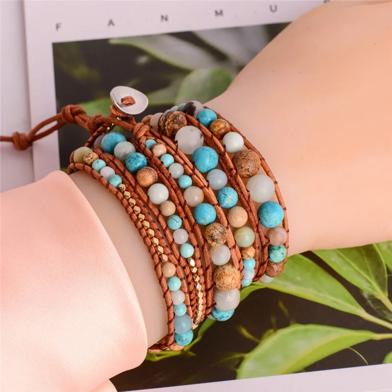 Изысканный градиентный 2018 - 5X кожаный браслет Amazonite золотой многослойный для