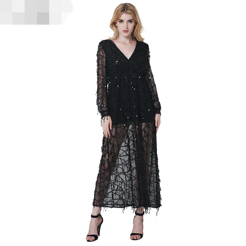 Женское платье с кисточками длинное Сетчатое блестками и треугольным вырезом