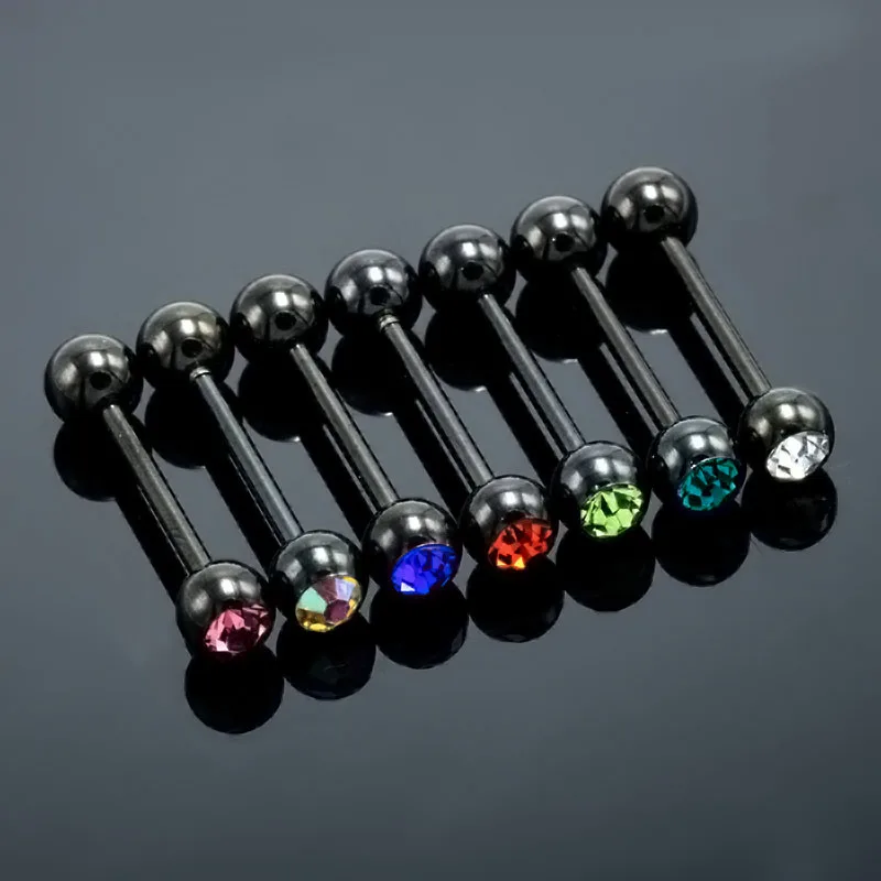 Fashion Black Tongue Rings Barbell Piercing Bar Stainless Steel Czech Crystal 7 Colors 1.4mmx16mm Body Jewelry Men | Украшения и