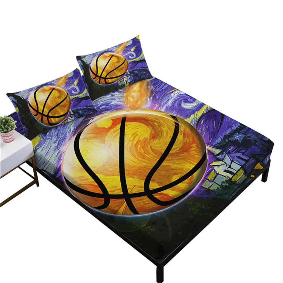 Colorful Oil Painting Basketball Sheet Set Cartoon Sports Design Bed Linens Flat Deep Pocket Fitted Pillowcase | Дом и сад