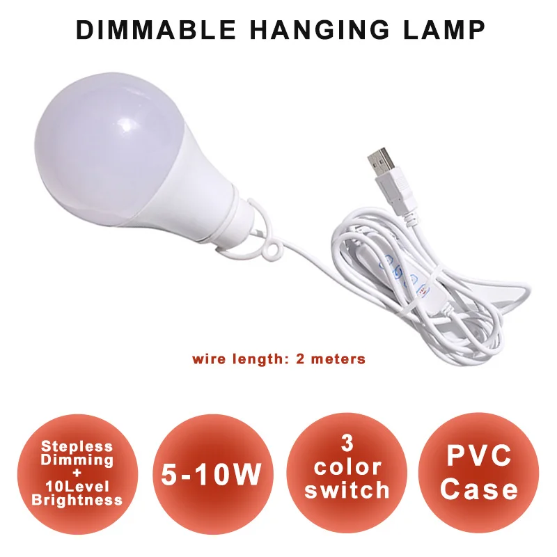 DC5V USB диммируемая Подвесная лампа светодиодный светильник Плавная диммируемая яркость трехцветный переключатель 10 Вт Светодиодный светильник для адаптера power Bank - Испускаемый цвет: DIM-PVC