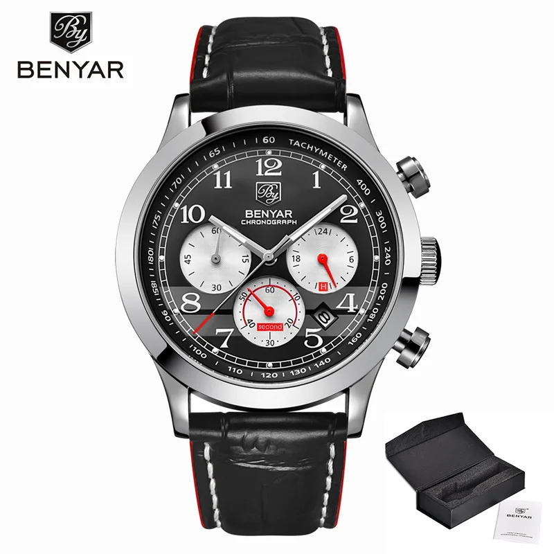 BENYAR Men Watches Quartz Chronograph Top Brand Luxury Watch Men Wristwatch Mens Military Waterproof Clock Men Relogio Masculino - Цвет: Silver Black Red