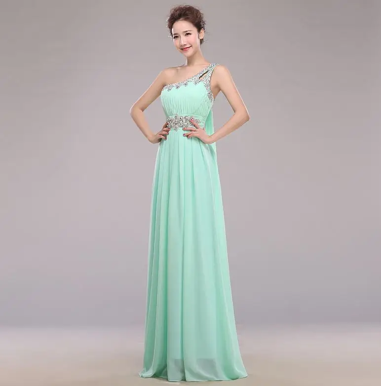 mint green Свадебное платье для гостей шифоновое платье на одно плечо с кристаллами на бретельках мятно-зеленое небесно-голубое фиолетовое изумрудно-Зеленое Длинное платье подружки невесты - Цвет: mint green