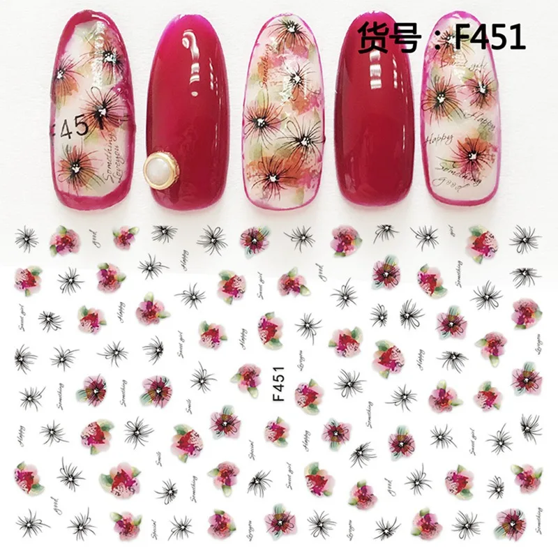 5 sheets F451 Новое поступление 5 листов 3D супер тонкие накладки-наклейки на ногти клей для накладных ногтей наклейки Маникюрный Инструмент темное украшение цветок наклейки для ногтей - Цвет: 5 sheets F451