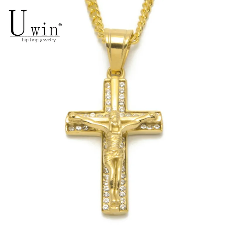 UWIN нержавеющая сталь золотой цвет Блестящий горный хрусталь кристалл Крест