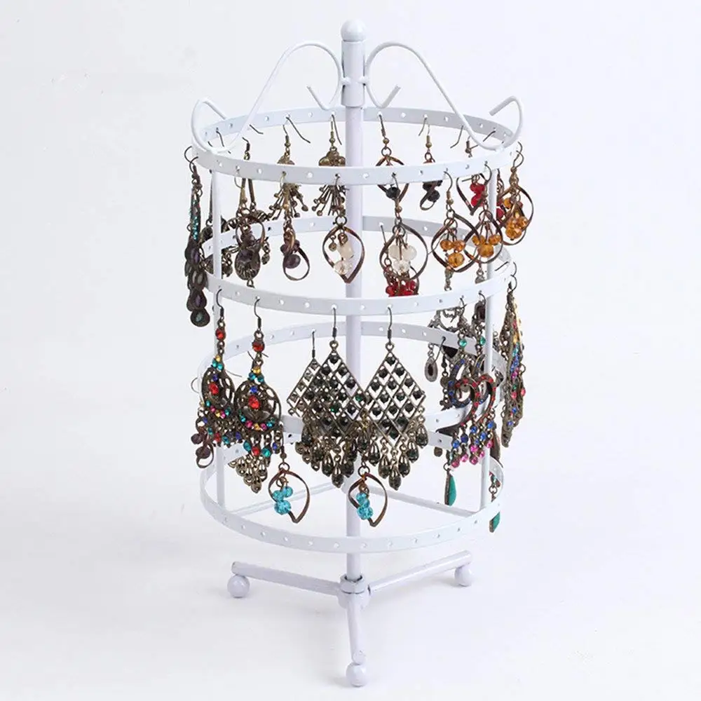 

SZanbana White 4 Tiers Metal 144 Holes Round Rotating Spin Table 72 Pairs Earring Holder Jewelry Stand Display Rack Towers