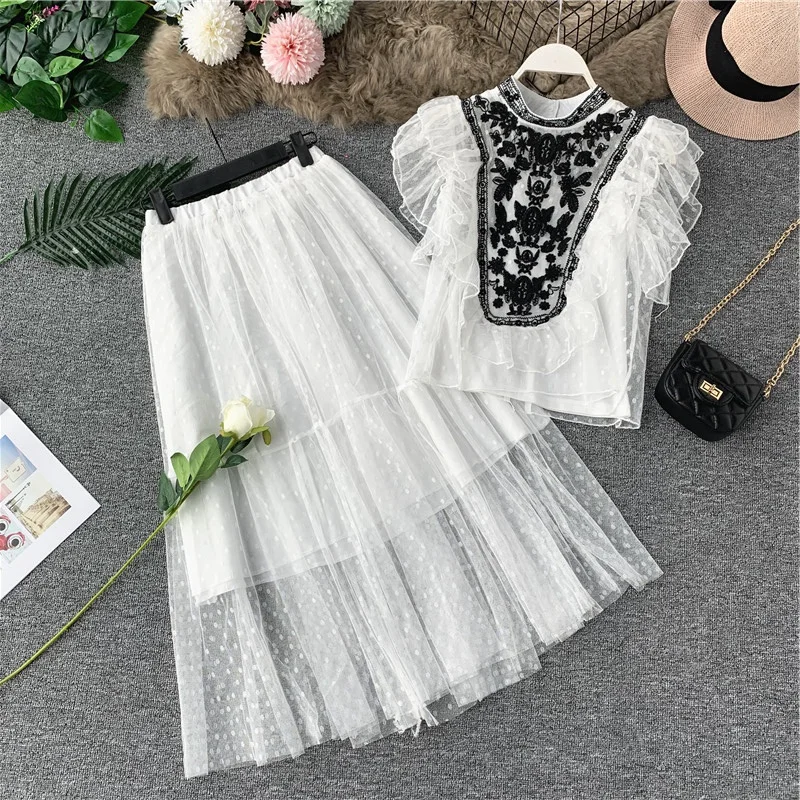 Элегантный Летний сетчатый Женский комплект 2 шт. французский стиль вышивка