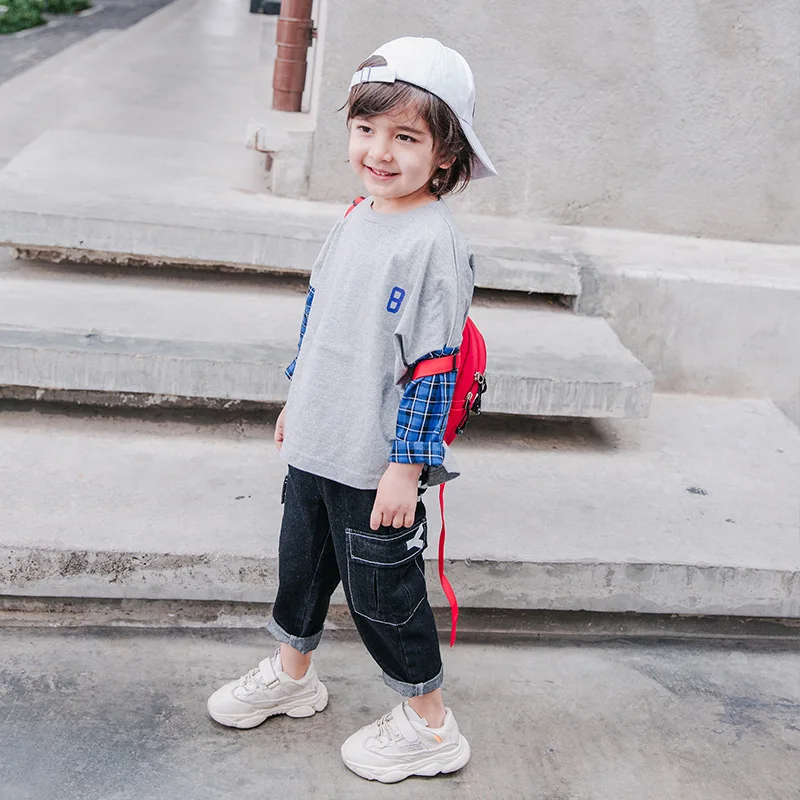 2019 Spring and Autumn tide boy's sweater children's color matching plaid round neck baby shirt boy cotton T-shirt | Мать и