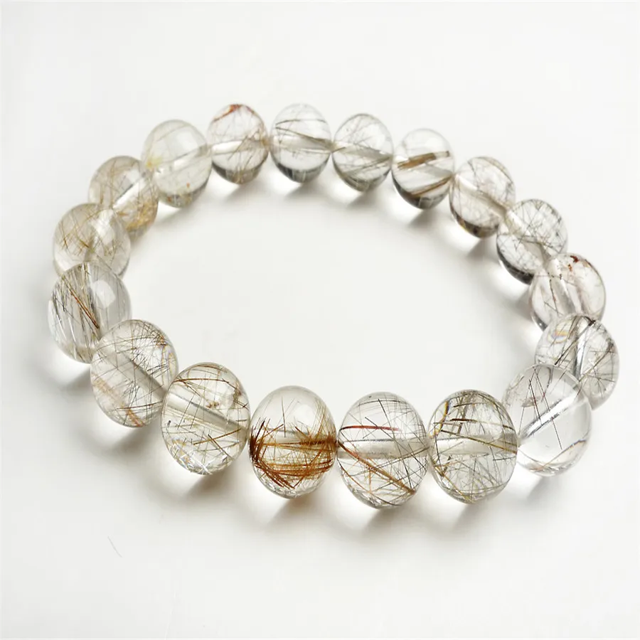

12mm Genuine Natural Silver Hair Rutilated Quartz Crystal Transparent Round Beads Jewelry Fashion Charm Stretch Bracelet