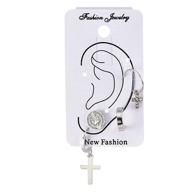 4 Pcs/Set Women Vintage  Cross Virgin Mary Round Crystal Pendant Silver Color Earring Set Personality Party Jewelry Accessories | Украшения